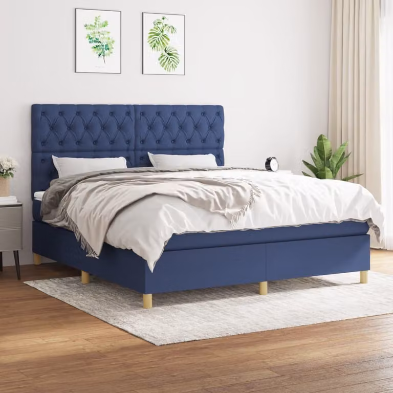 The Living Store Letto a molle con materasso Blu 160x200 cm in tessuto