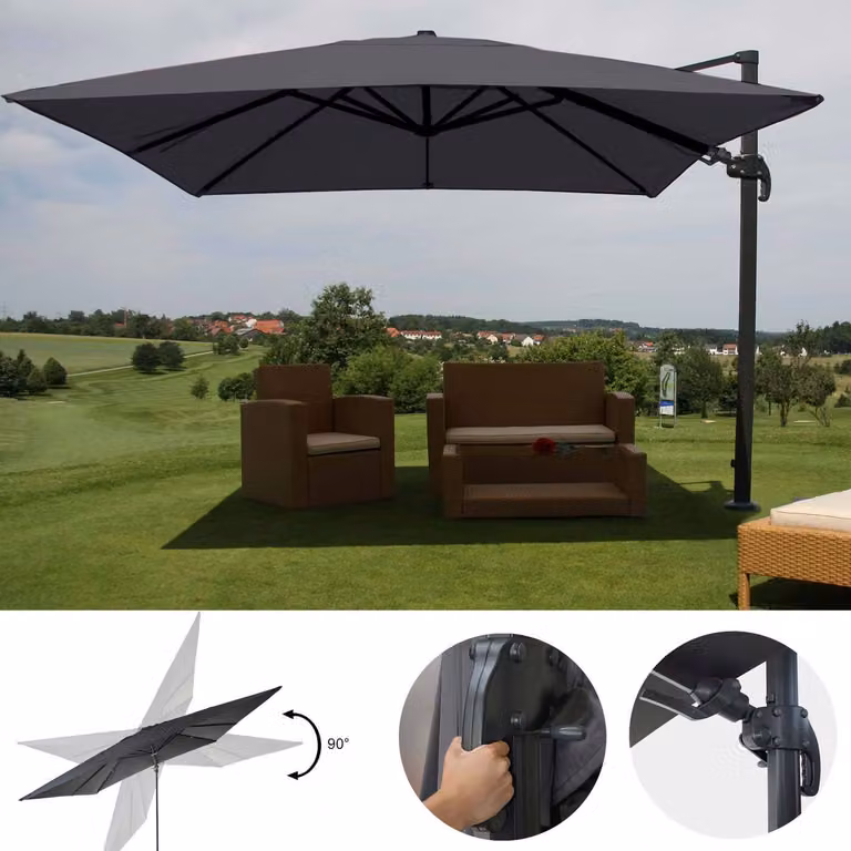 Ombrellone a semaforo per la ristorazione MCW-A96, 3x3 m (Ø 4,24 m), orientabile, in poliestere, alluminio/acciaio, 23 kg ~ antracite, senza base