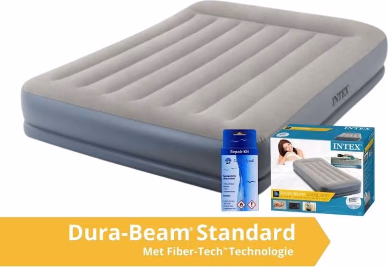 Intex Pillow Rest Mid-Rise - Materasso ad aria - Doppio - Con kit di riparazione e pompa incorporata - 203x152x30 cm - PVC - Grigio