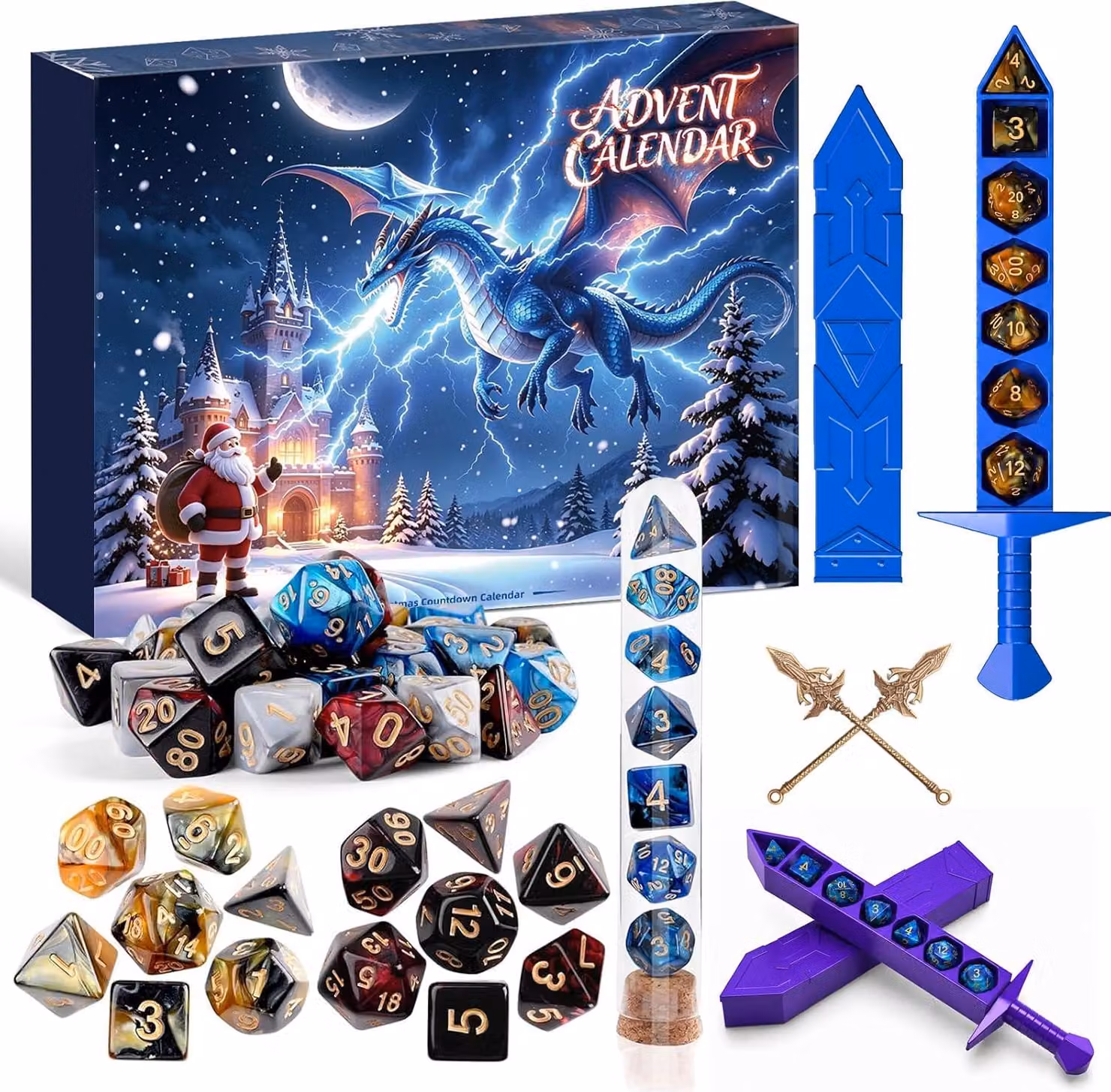 Calendario dell'Avvento a tema natalizio 2026 - Set di dadi per il gioco di ruolo D&D - Calendario dell'Avvento di 24 giorni - Calendario dell'Avvento a tema D&D con dadi
