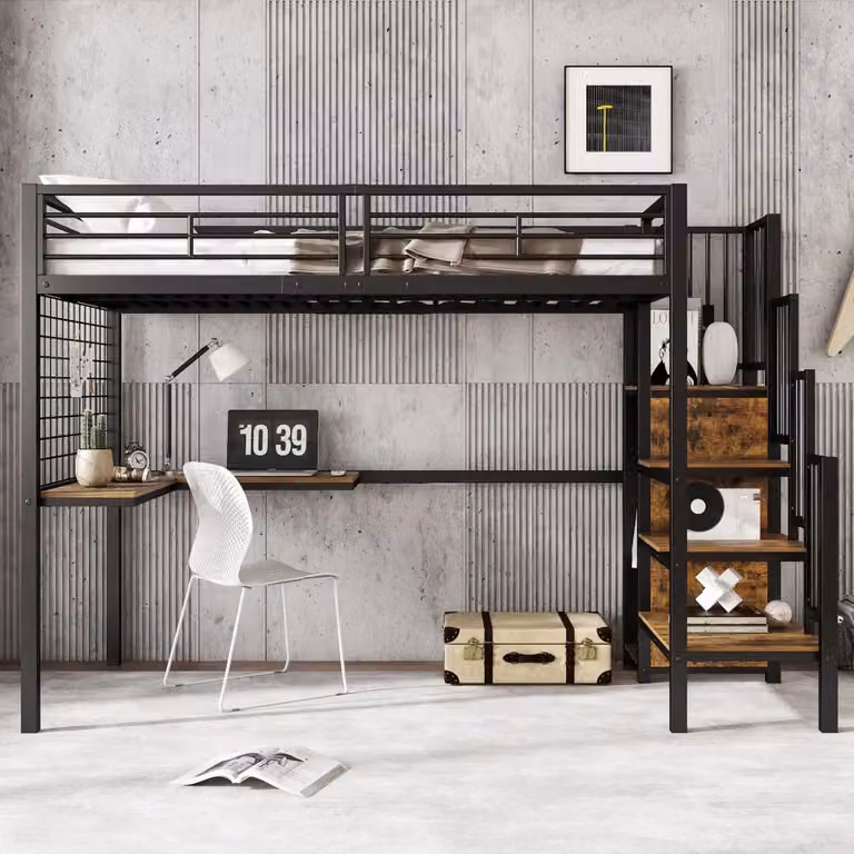 Letto a castello REDOM per bambini con armadio integrato e scale, finitura nero e marrone, L/P/H: 90 x 200 cm