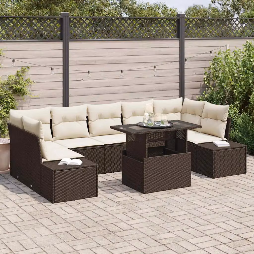 Set di divani da giardino vidaXL 8 pezzi in rattan con cuscini marrone e beige e tavolino da caffè – 1