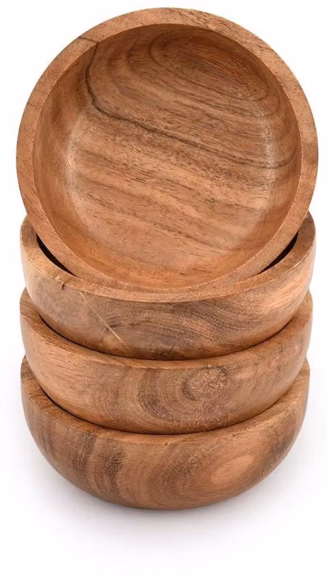 Ciotola per frutta in legno di acacia - Ciotola per alimenti per la decorazione della cucina - Set di 4 pezzi - Realizzata a mano - Naturale e decorativa - Dimensioni: 1016 cm x 1016 cm x 381 cm