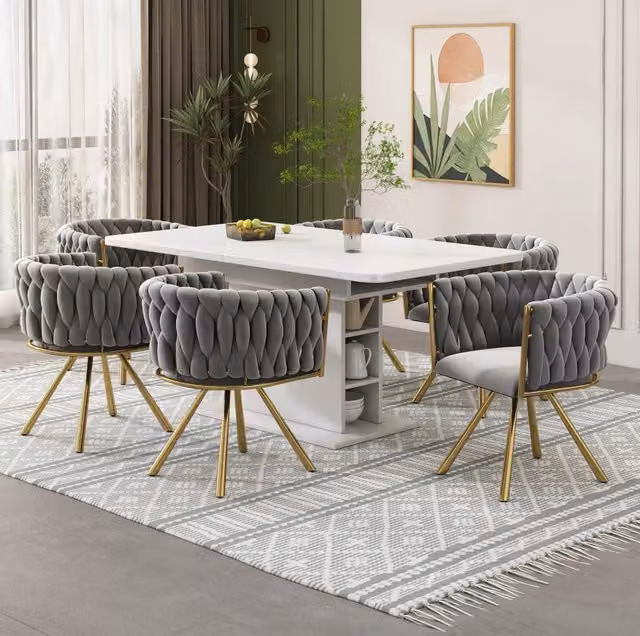 Set di 6 sedie da pranzo in velluto; girevoli a 360°; con struttura in metallo; grigio e oro
