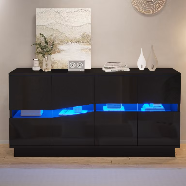 Mobile bar con ante lucide Merax, dotato di 4 ante e ripiani regolabili, sistema di apertura a pressione, comò con illuminazione LED Bluetooth, frontali geometrici in acrilico, ideale per il soggiorno, colore nero