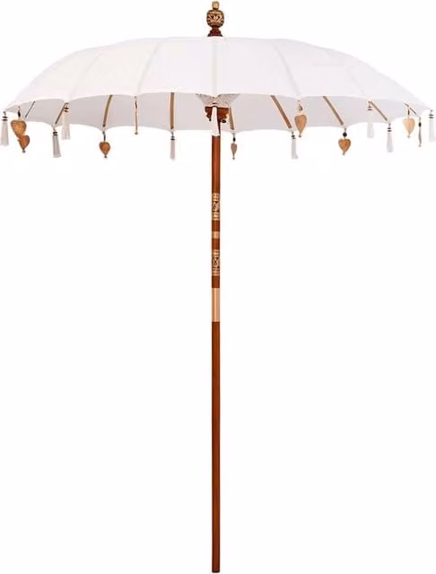 Ombrellone da giardino balinese rotondo in cotone con campanellini e nappe HELLOSHOP26 color beige e bianco L/P/H: 185 x 185 x 260 cm