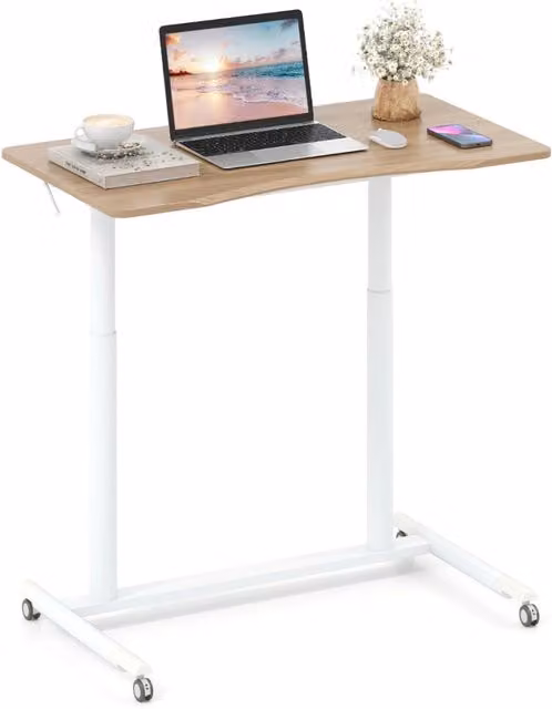 Tavolo portatile per laptop con ruote bloccabili e struttura in metallo per spazi ridotti, Scrivania mobile regolabile in altezza a forma di C Naturale
