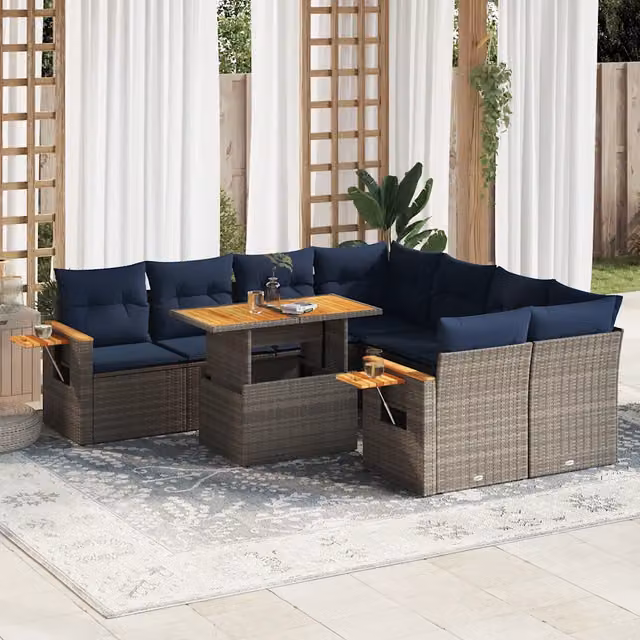 Set Divano da Giardino 9 pz con Cuscini Grigio in Polyrattan 3327582