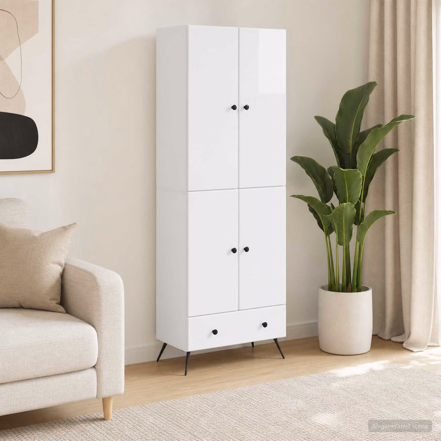 Set di 2 armadi moderni vidaXL in legno e MDF bianco lucido con ante a battente, cassetti e illuminazione integrata L/P/H: 95 x 34,5 x 66 cm