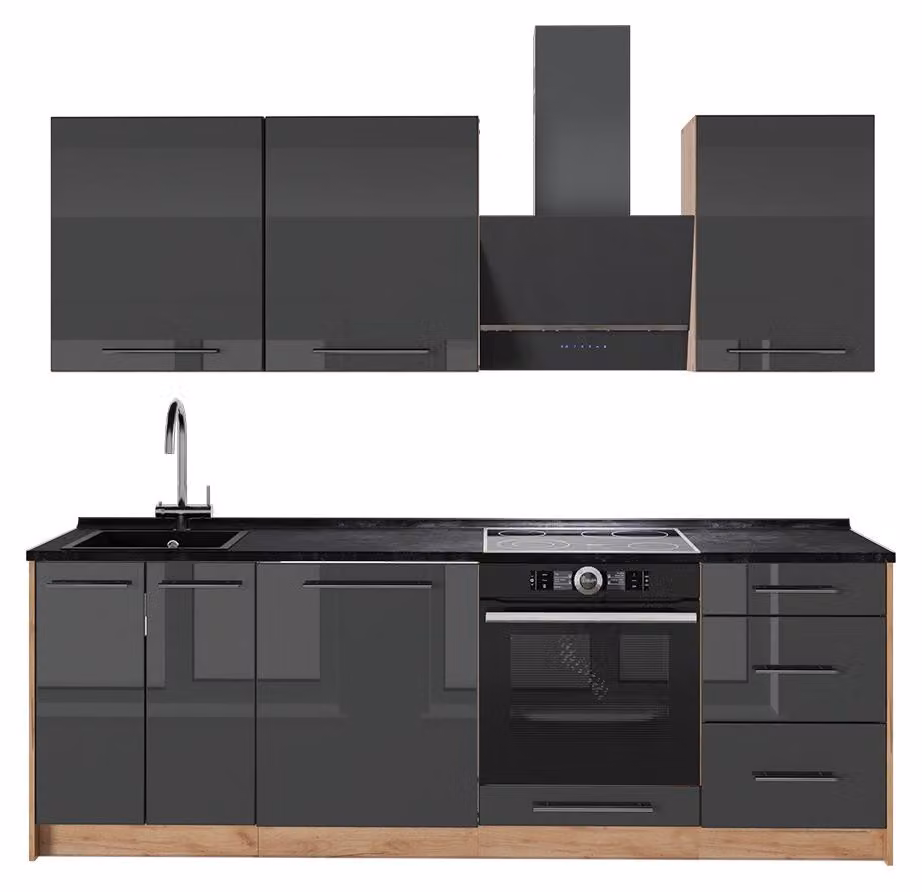 Cucina componibile Vicco Fame-Line Antracite lucido/Rovere dorato 230 cm senza piano di lavoro, Model 63981