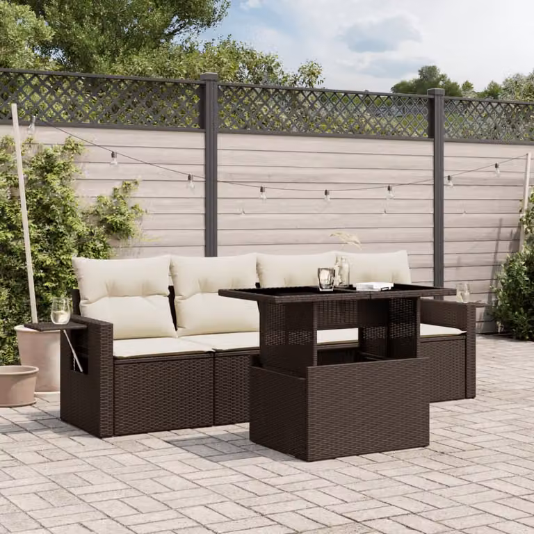 Set Divano da Giardino 5 pz vidaXL in Polyrattan Marrone con Cuscini e Tavolino