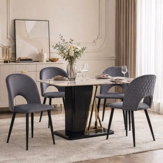 Set da 4 Sedie da Pranzo con Seduta in Velluto Grigio, Schienale con Motivo a Diamante e Gambe Regolabili in Metallo