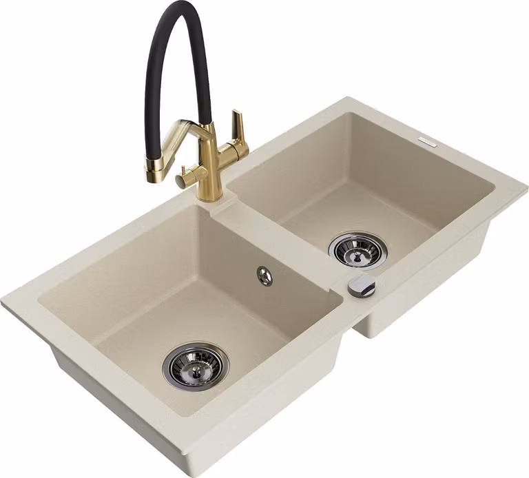 Mexen Mario lavello in granito a 2 vasche con rubinetto da cucina Duo, beige - 6504-69-671701-57-B