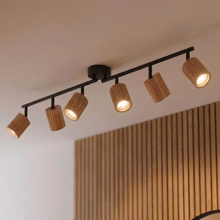 Faretto da soffitto Lindby Stralino, a 6 luci, lunghezza 102 cm, in legno Stralino Lindby, dimmerabile, Legno chiaro, Corridoio, Legno, Moderno, Faretto