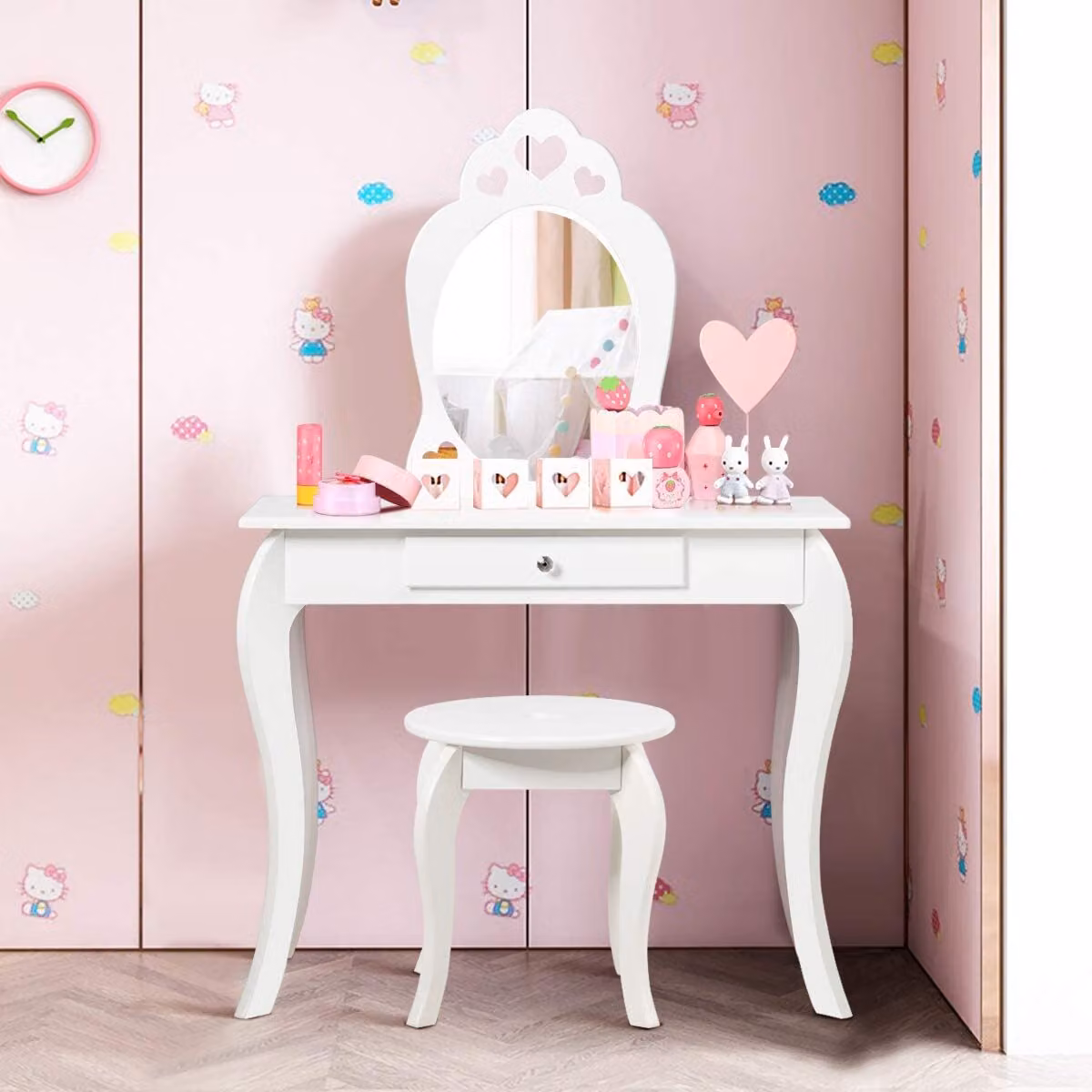 Tavolino per bambini HW65300WH, con sedia, cassetto e specchio estraibile, bianco, 70 x 34 x 105 cm