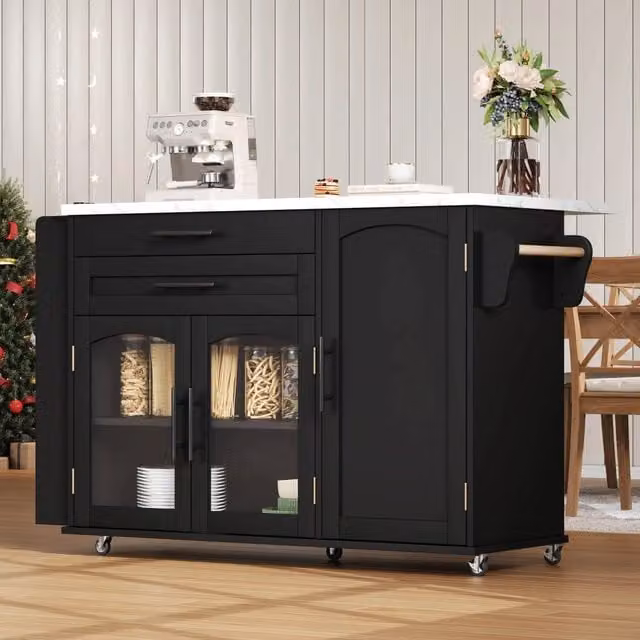 Carrello da cucina con piano pieghevole, 2 ante in vetro e 2 cassetti, ripiani regolabili, per cucina e sala da pranzo