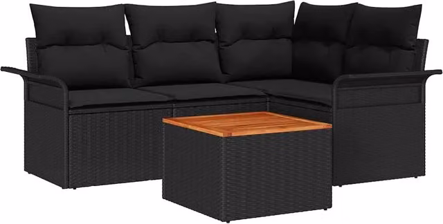 Set Divano da Giardino con cuscino 5 pz | Set Salotto da Giardino Nero polyrattan
