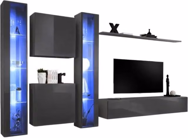 Set di mobili da parete per soggiorno Meublorama Collezione SWITCH XVI, colore grigio lucido, con vetrina, lowboard e illuminazione integrata, L/P/H: 330 x 40 x 180 cm – 1