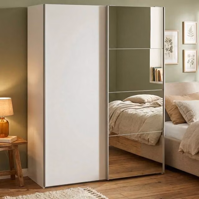 Armadio con ante scorrevoli DMORA per camera da letto, Bianco lucido, L: 150 cm, P: 61 cm, H: 200 cm