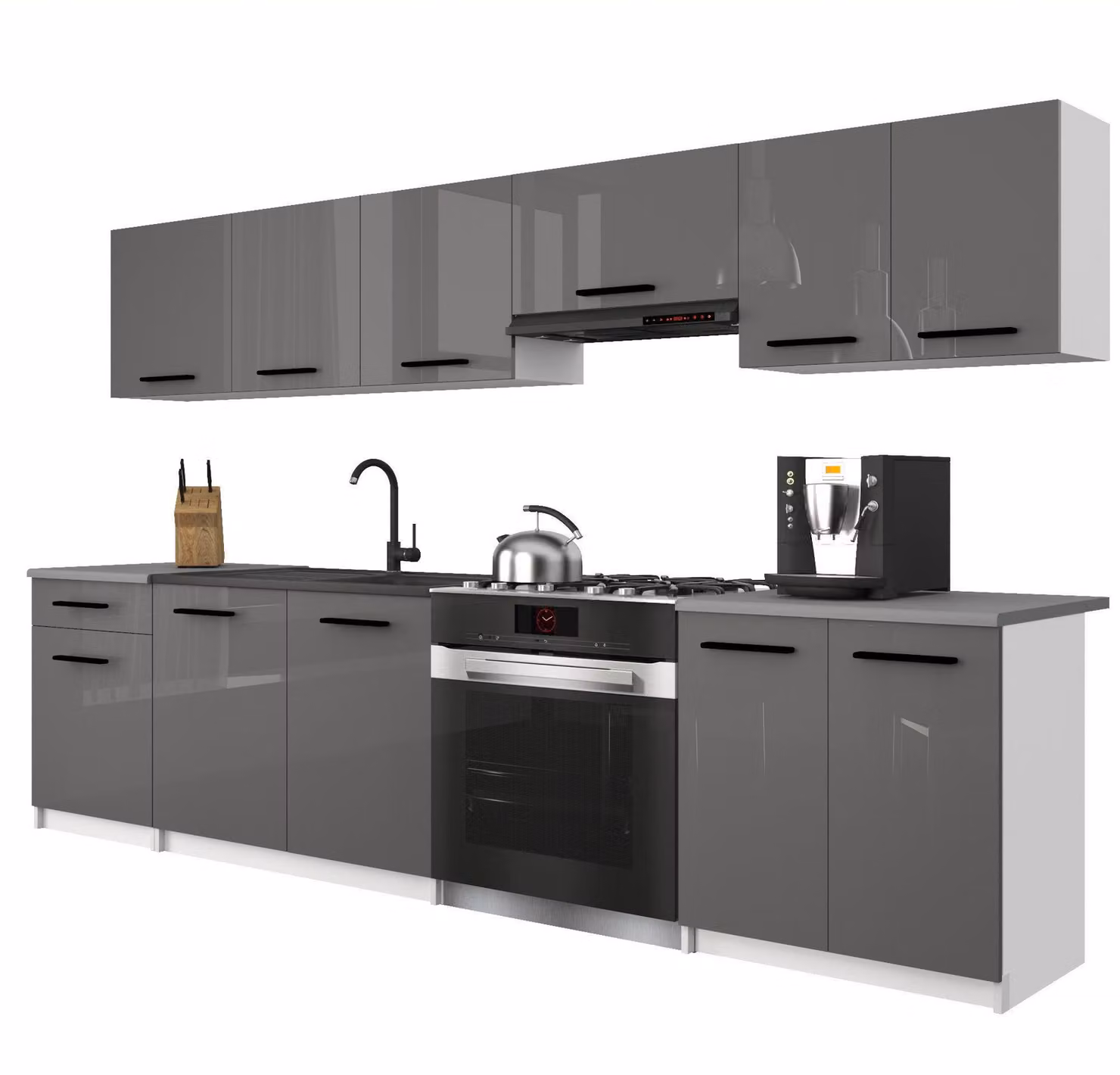 Belini - Angolo cottura moderno ITALIA 2 - Mobili da cucina 240 cm grigio lucido - Cucina componibile con pensili, mobili base e piani di lavoro