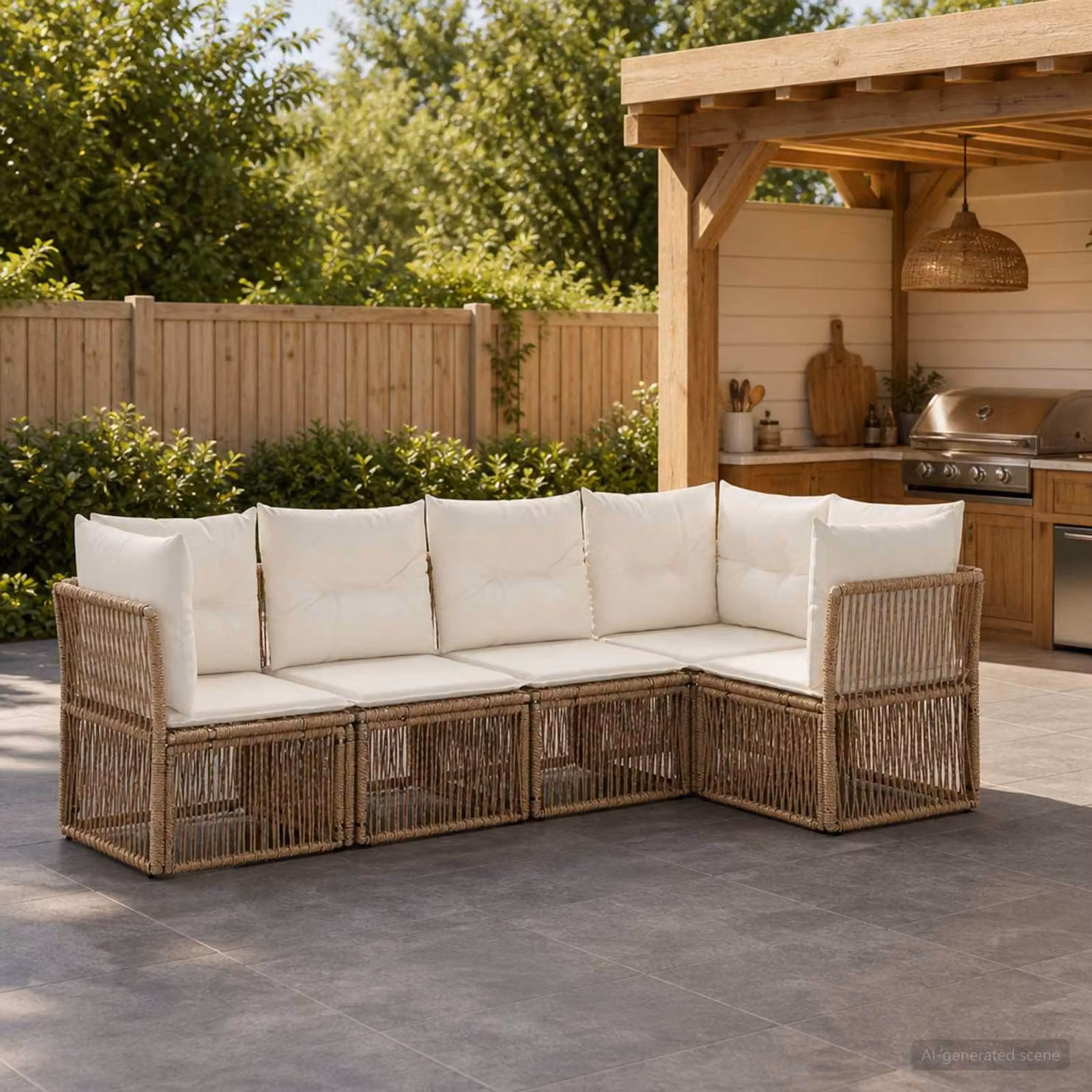 Set Divano da Giardino vidaXL 5 pz a Forma a L Beige con Cuscini e Struttura in Metallo e Polyrattan