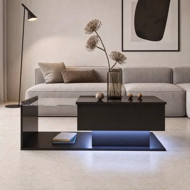 Tavolino da salotto ULEVR 100x50 cm regolabile in altezza con LED, piano in vetro temperato e vano contenitore, nero lucido