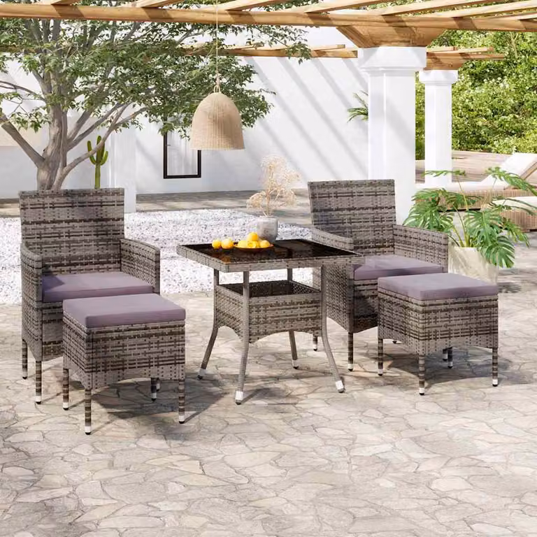 Set Pranzo da Giardino vidaXL in Polyrattan e Vetro Temperato Grigio, 5 Pezzi
