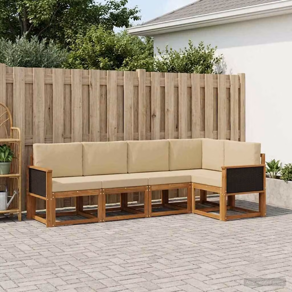 Set di divani da esterno a L vidaXL in legno di acacia con cuscini, Beige e Marrone