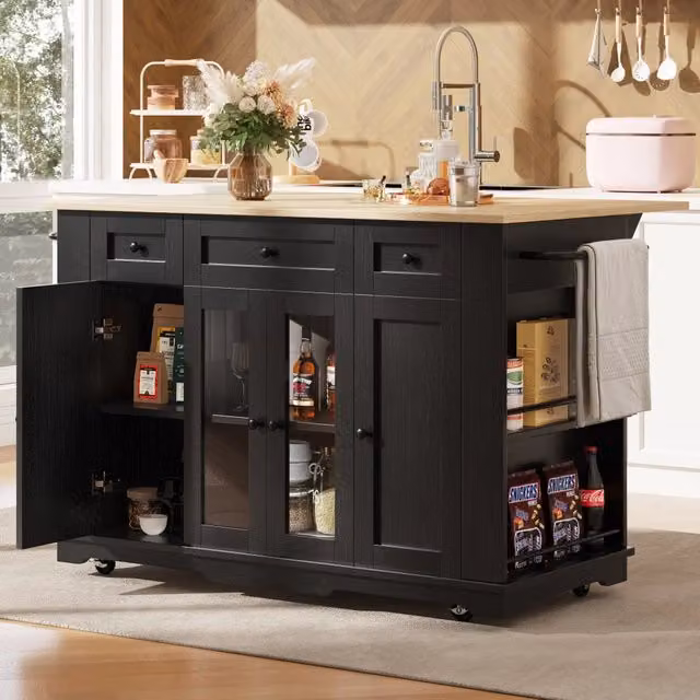 Carrello da cucina con piano pieghevole cassetto e ripiani regolabili in MDF metallo e vetro temperato nero naturale