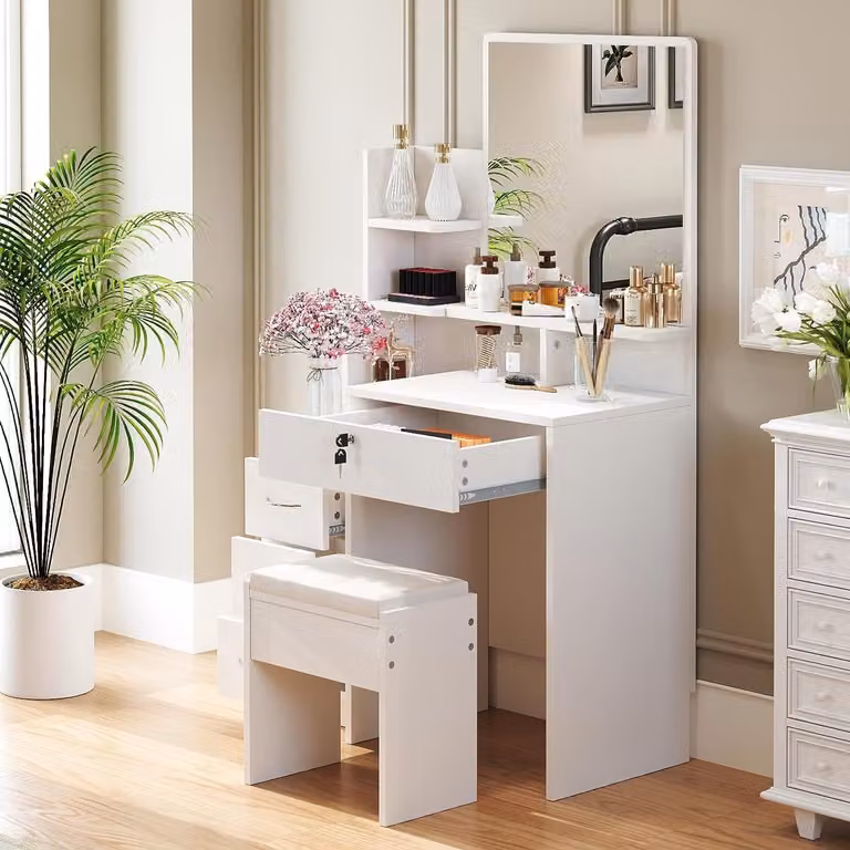 Dripex tavolo da toilette bianco con sgabello specchio tavolo da toilette tavolo cosmetico, 4 cassetti 144x40x87 cm