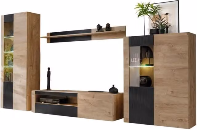 Set da salotto DOUM Meublorama in stile industrial con rovere e nero, L320 x H192 x P45 cm – 1