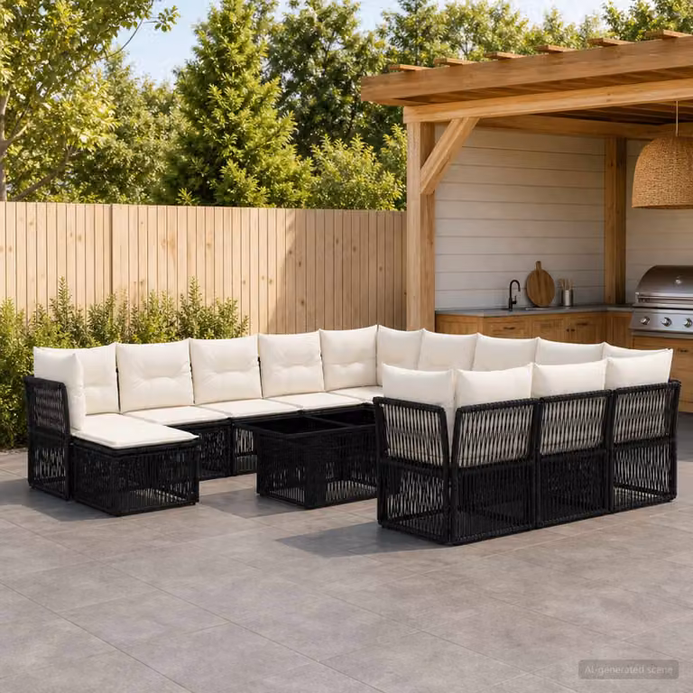 Set Divano da Giardino Moderno vidaXL in Polyrattan Nero con Cuscini e Tavolino da Esterno