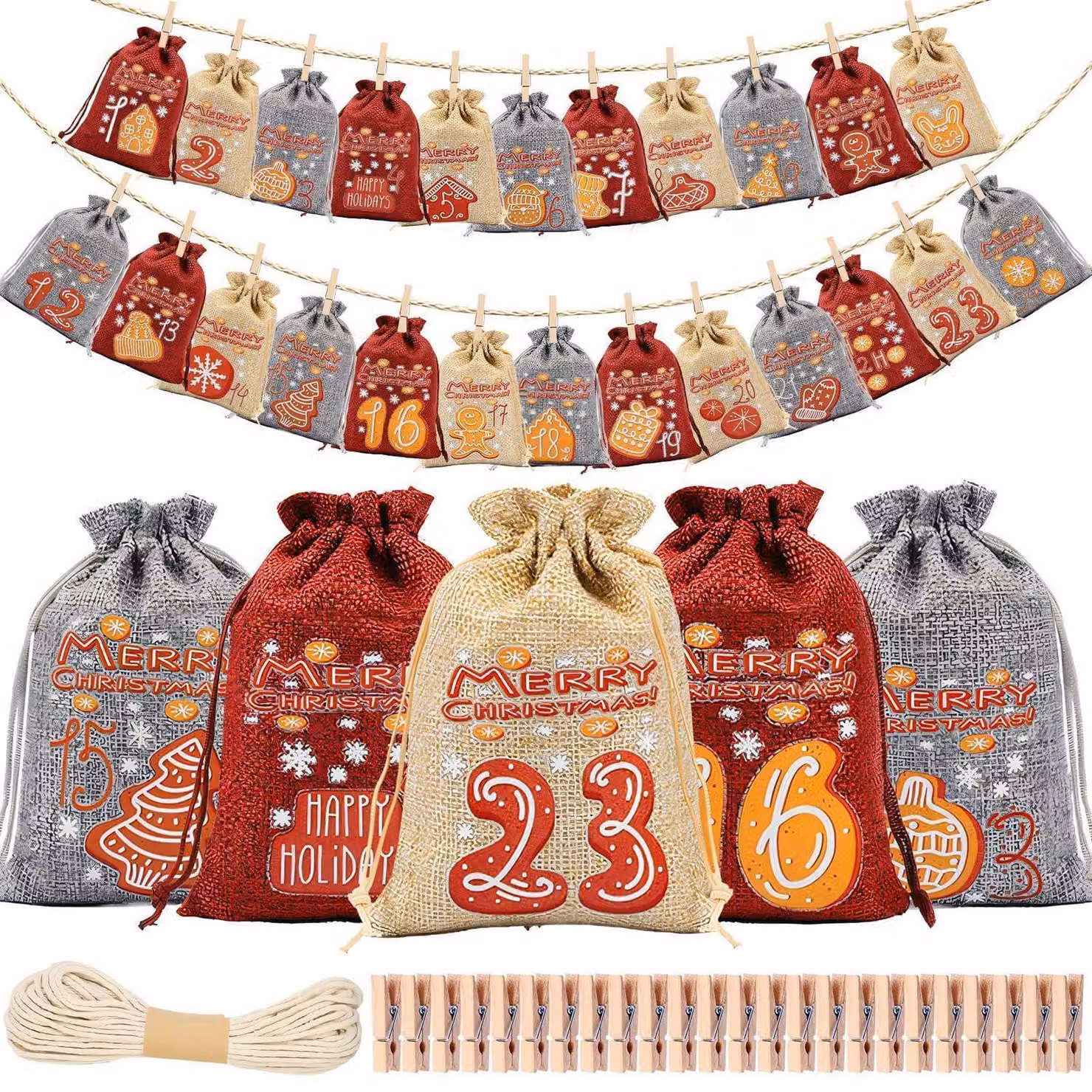 Calendario dell'Avvento in tessuto, riutilizzabile, per il 2026, per bambini, con 24 sacchetti e 24 graffette di legno, dimensioni 10x14 cm