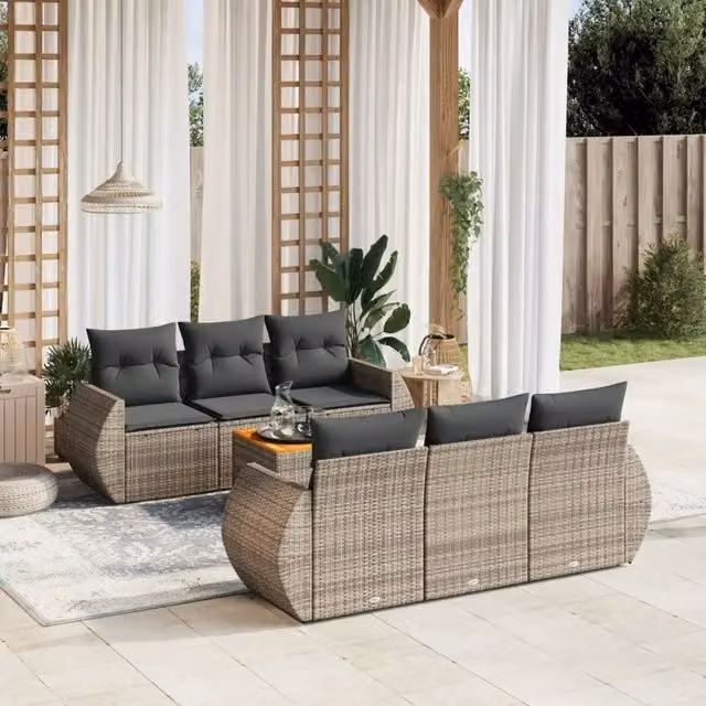 Set Divani da Giardino 7 pz con Cuscini Grigio in Polyrattan 3257229