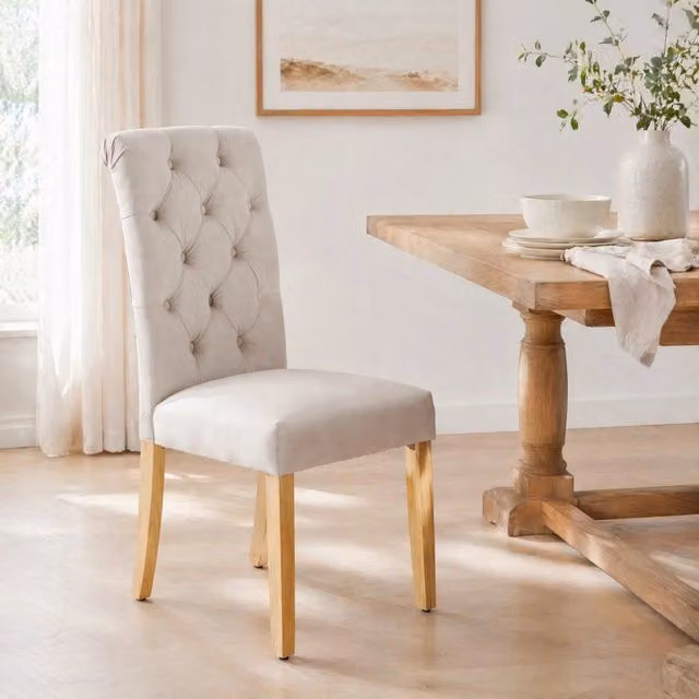 Set di 2 sedie da pranzo moderne Beaok in velluto beige con gambe in rovere e metallo