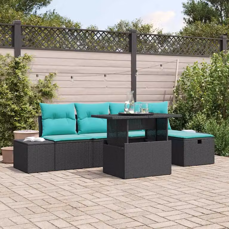 Set Divano da Giardino vidaXL 6 pz Nero con Cuscini e Tavolino in Polyrattan e Acciaio