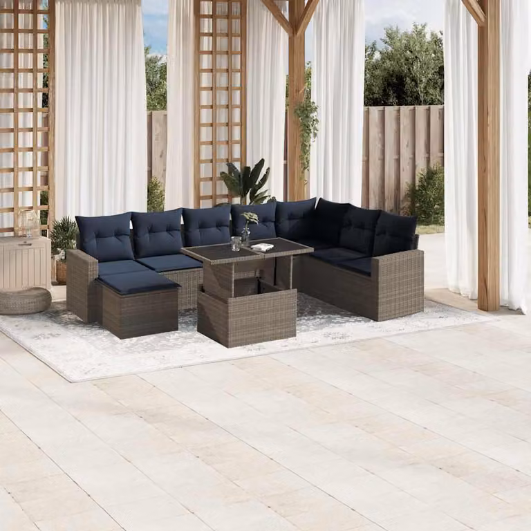 Maison Exclusive - Set di 9 pezzi per giardino con cuscini, grigio, polyrattan