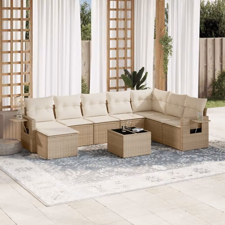 vidaXL Set Divano da Giardino a L in Polyrattan Beige con 9 Pezzi e Cuscini Imbottiti