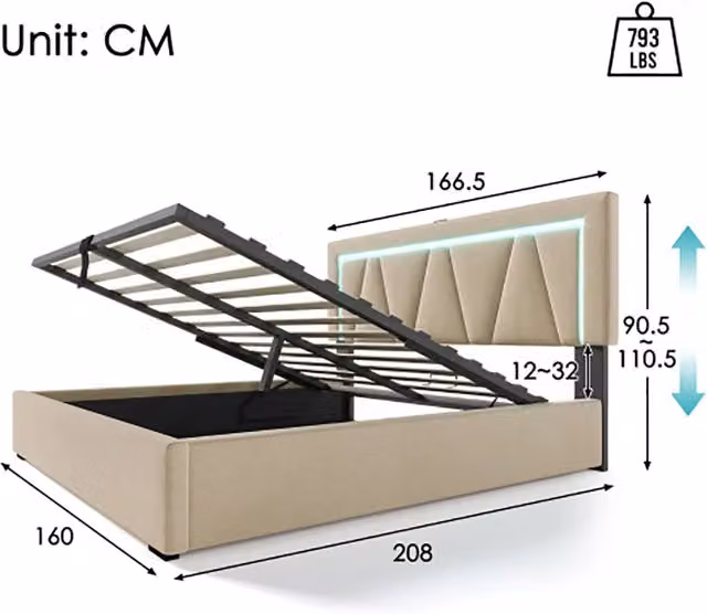 Letto a due piazze con LED - Xylo - 160x200 cm - Beige - USB-C, illuminazione LED