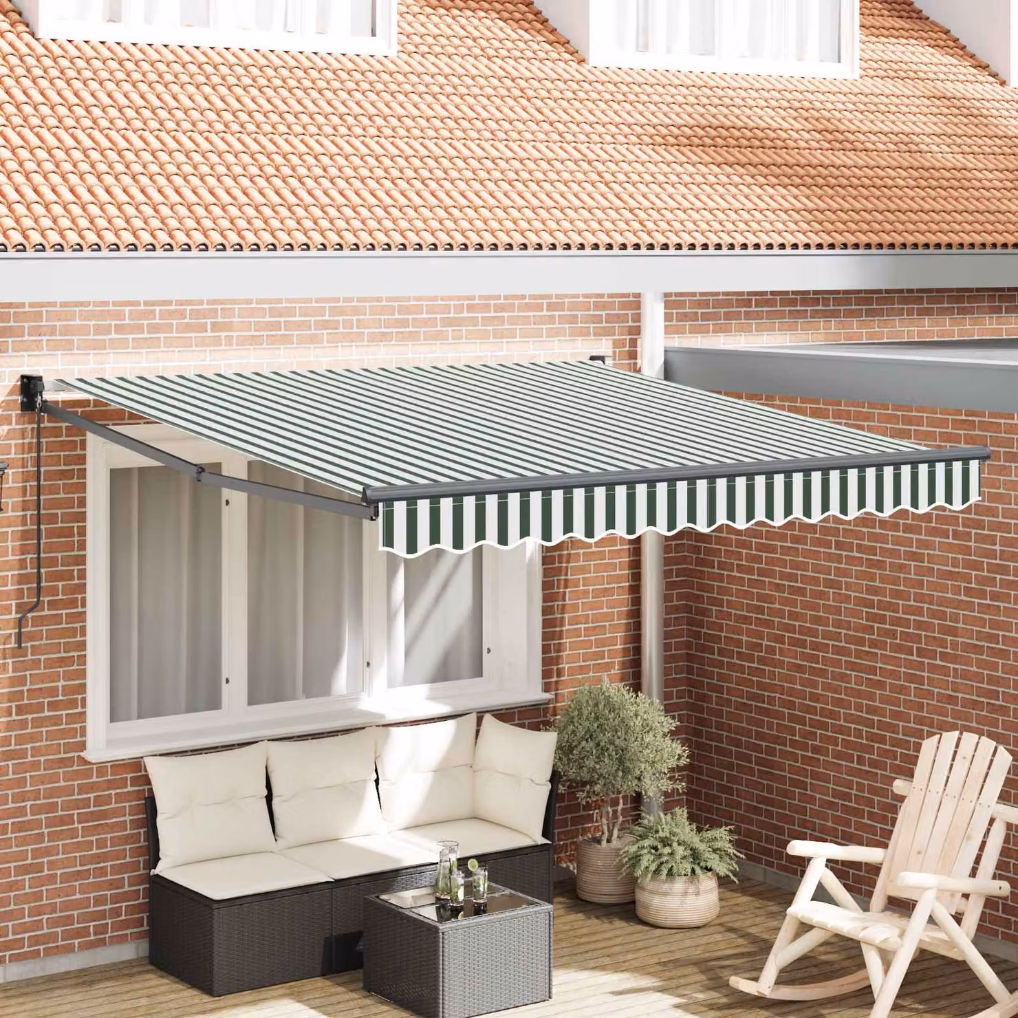 Tenda retrattile vidaXL con bracci pieghevoli in alluminio e tessuto in poliestere, Verde e Bianco, L 300 x P 250 x H 165 cm