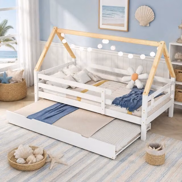 Letto a castello per bambini con sponda di sicurezza, struttura in legno di pino bianco e naturale, lettino estraibile con ruote 90x200 & 90x190 cm