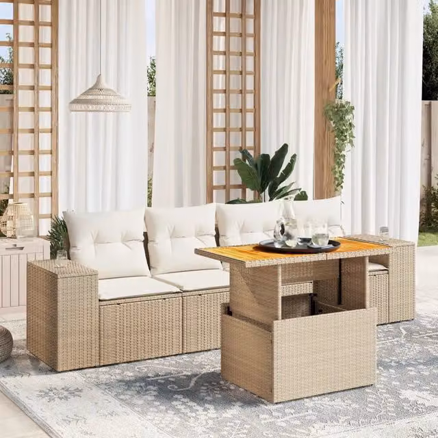 Set Divano da Giardino 5 pz con Cuscini Beige in Polyrattan 3272514