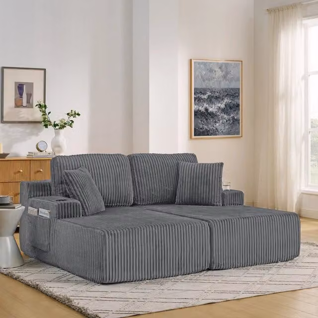 Divano letto 2 posti - Zephmum - Tessuto corda morbido, tasca laterale, porta bevande e cuscino