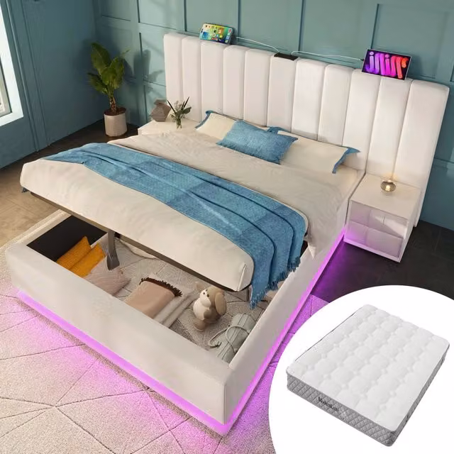 Letto imbottito 180x200 - Zephmum - Con LED a controllo app, USB-C, contenitore e rete a doghe