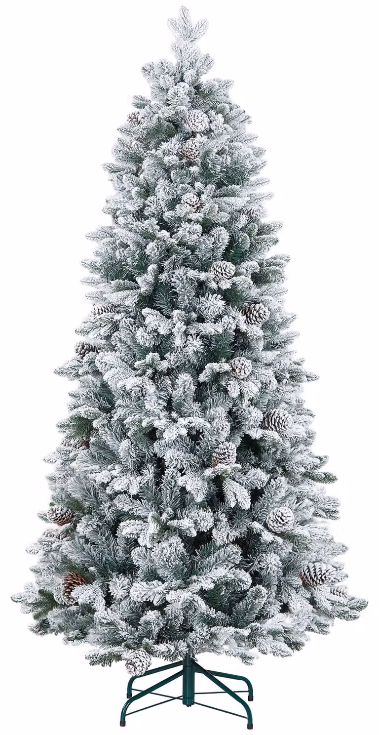 Albero di Natale artificiale, neve artificiale e pigne, effetto realistico, ignifugo, base in metallo, 183 cm, verde