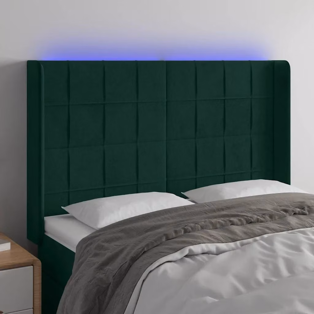 Testiera in velluto verde scuro con illuminazione LED integrata e porta di ricarica USB, L: 147 cm, P: 16 cm, H: 118-128 cm – 2