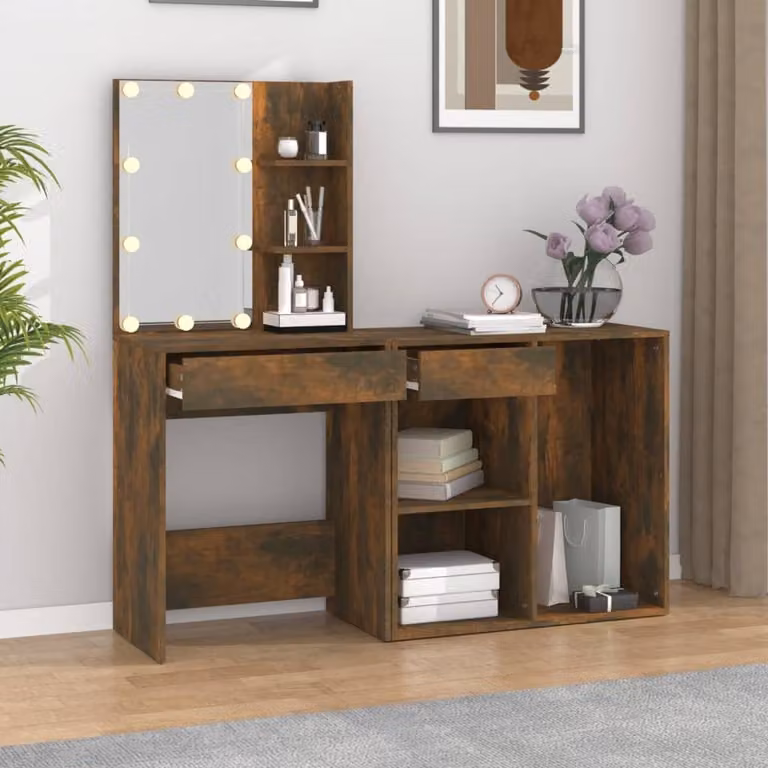 The Living Store Comodino a LED con mobile in legno di rovere fumé