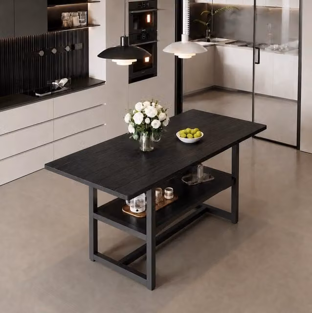 Tavolo da pranzo 160 cm nero MDF e metallo con ripiano integrato