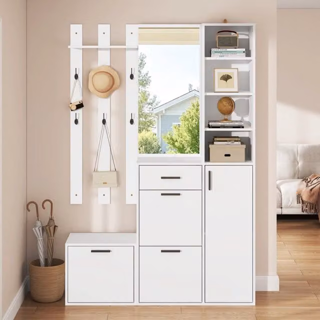 Mobile ingresso con scarpiera; specchio e appendiabiti 120x30x178 cm bianco