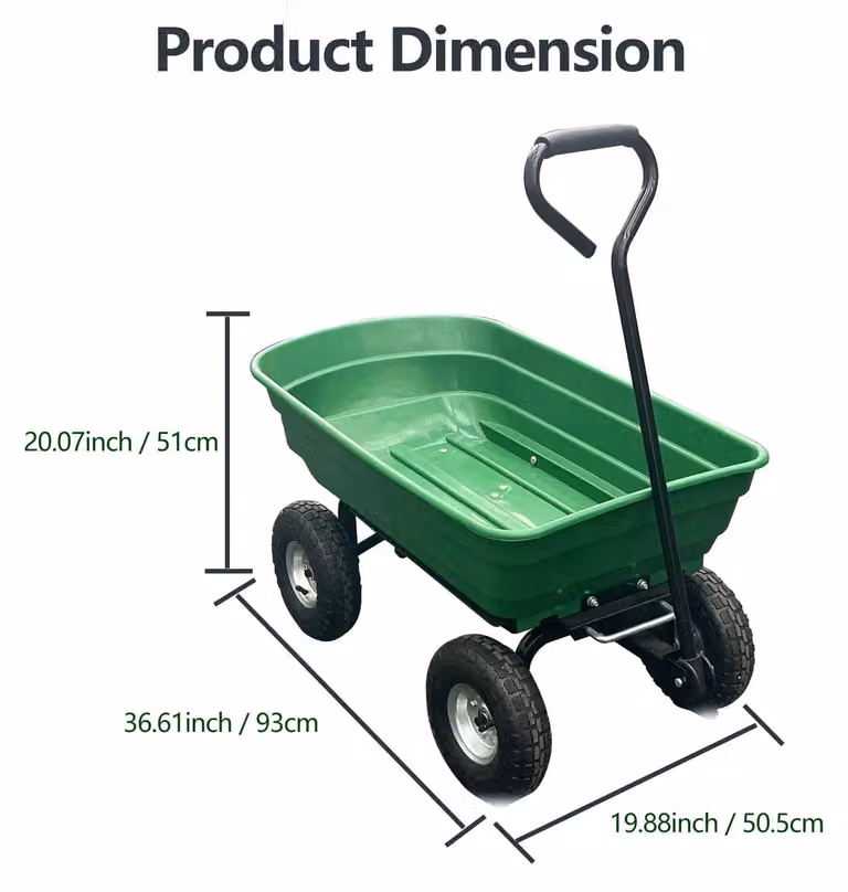 Carrello da giardino – Carrello a mano con 4 ruote – 93x89,5x50,5 cm – Acciaio e plastica – Carrello robusto per il trasporto – Verde